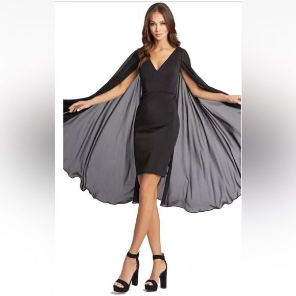 Ieena Mac Duggal chiffon cape dress short black cocktail NWT #55358 Sz 4